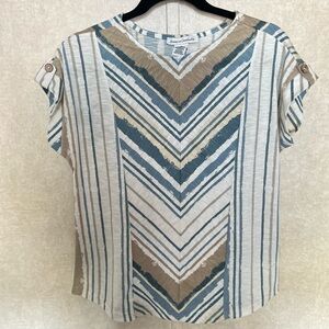 J. Jill Chevron Striped Short Sleeve Top - Blue, Tan, Cream